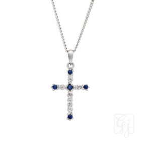 9K White Gold Diamonds And Sapphire Cross