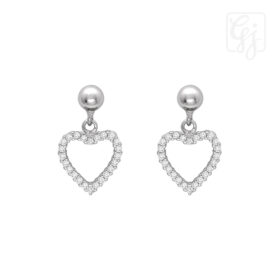 Sterling Silver Heart Dangling Post Butterflies Earrings With CZ